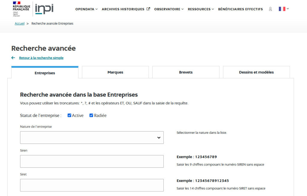 Capture d'écran de la page de recherche avancée d'entreprises de l'INPI