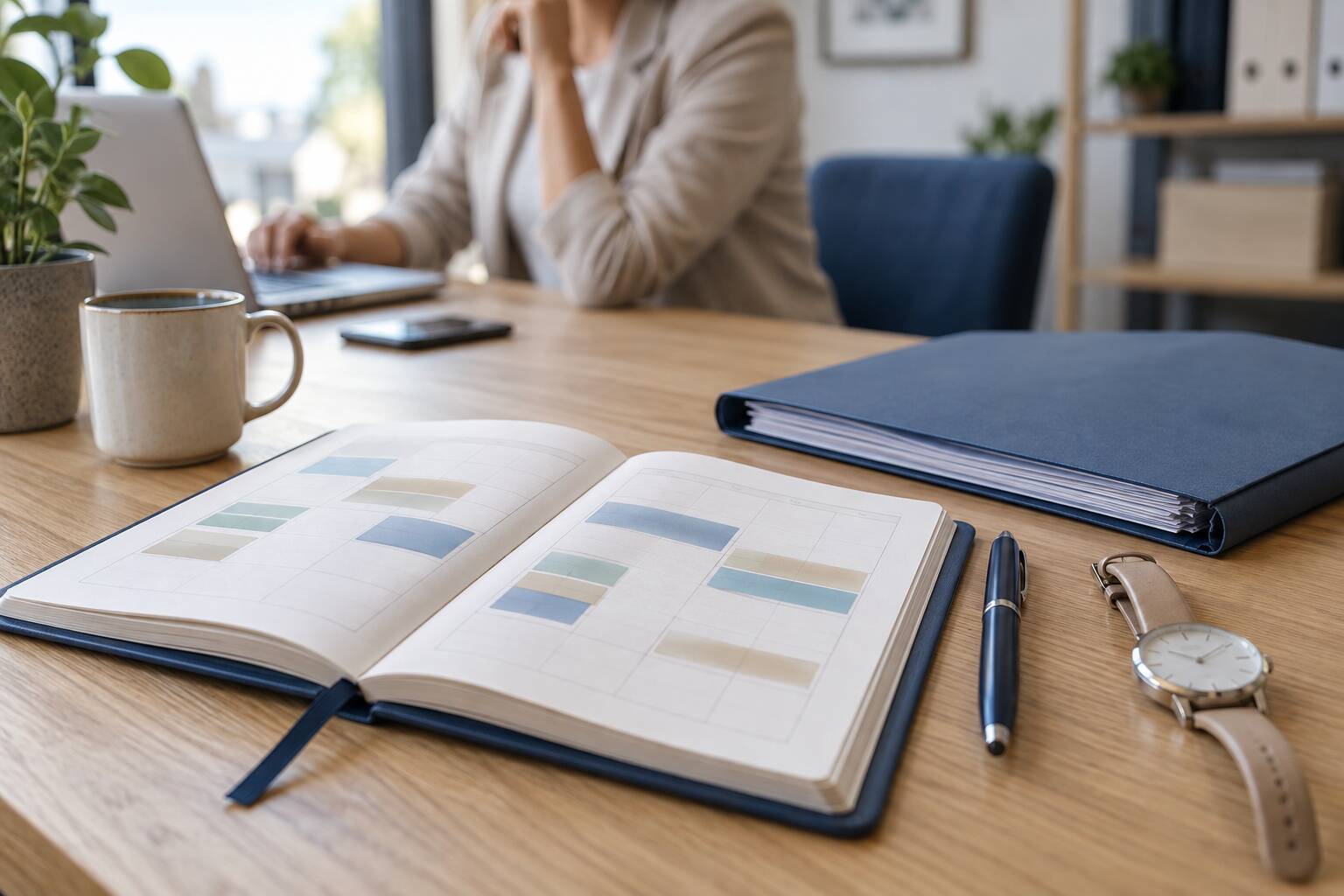 Un agenda ouvert, dont les entrées sont identifiées par des codes couleur.
