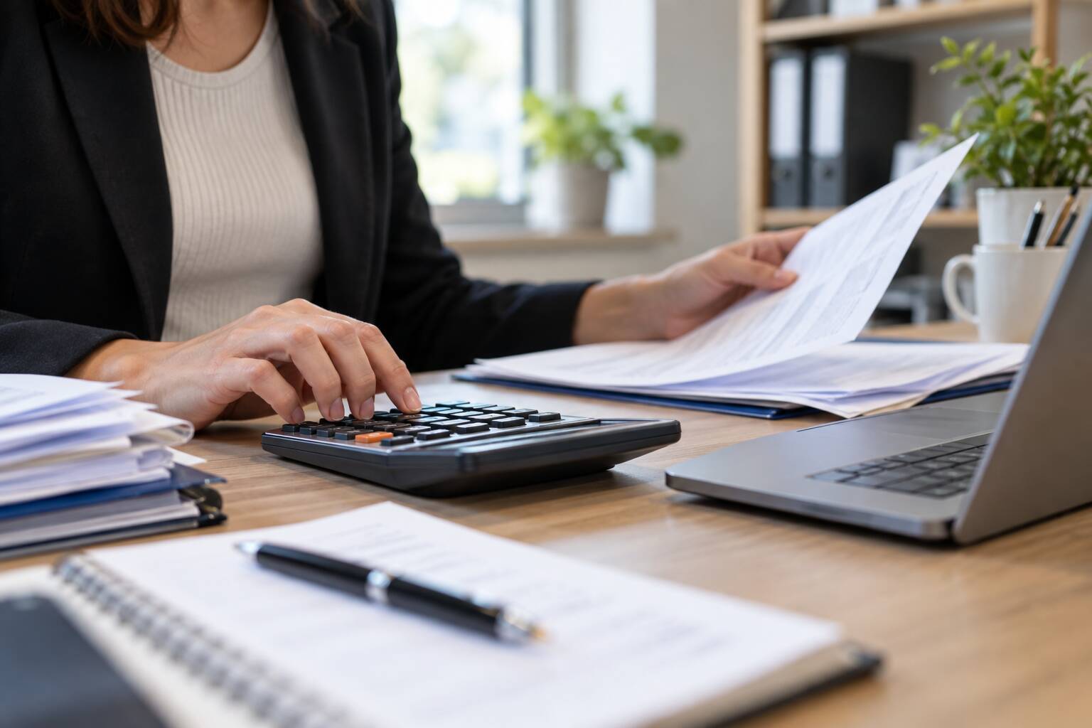 Personne en tenue professionnelle utilisant une calculatrice tout en tenant des documents